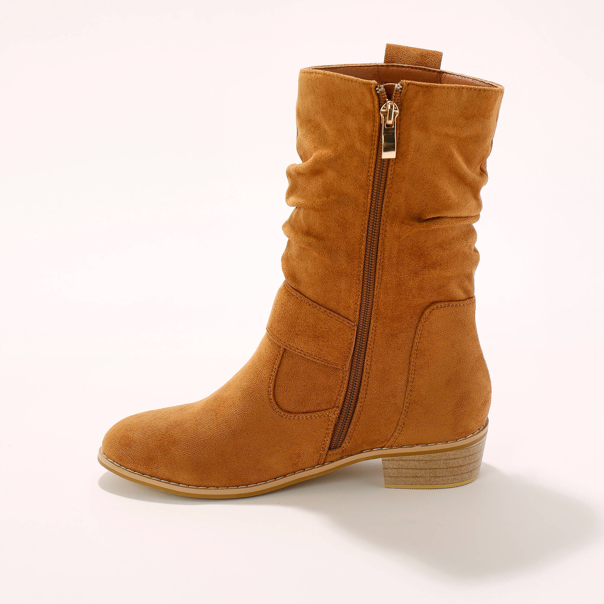 Bottes mi-hautes plissées à petit talon effet bois