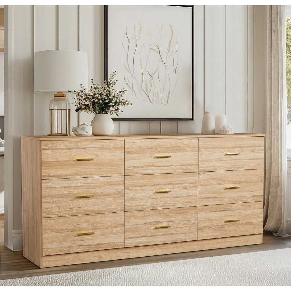 Modern Natural 9-Drawer Horizontal Dresser, Storage Wide Chest of Drawers for Bedroom