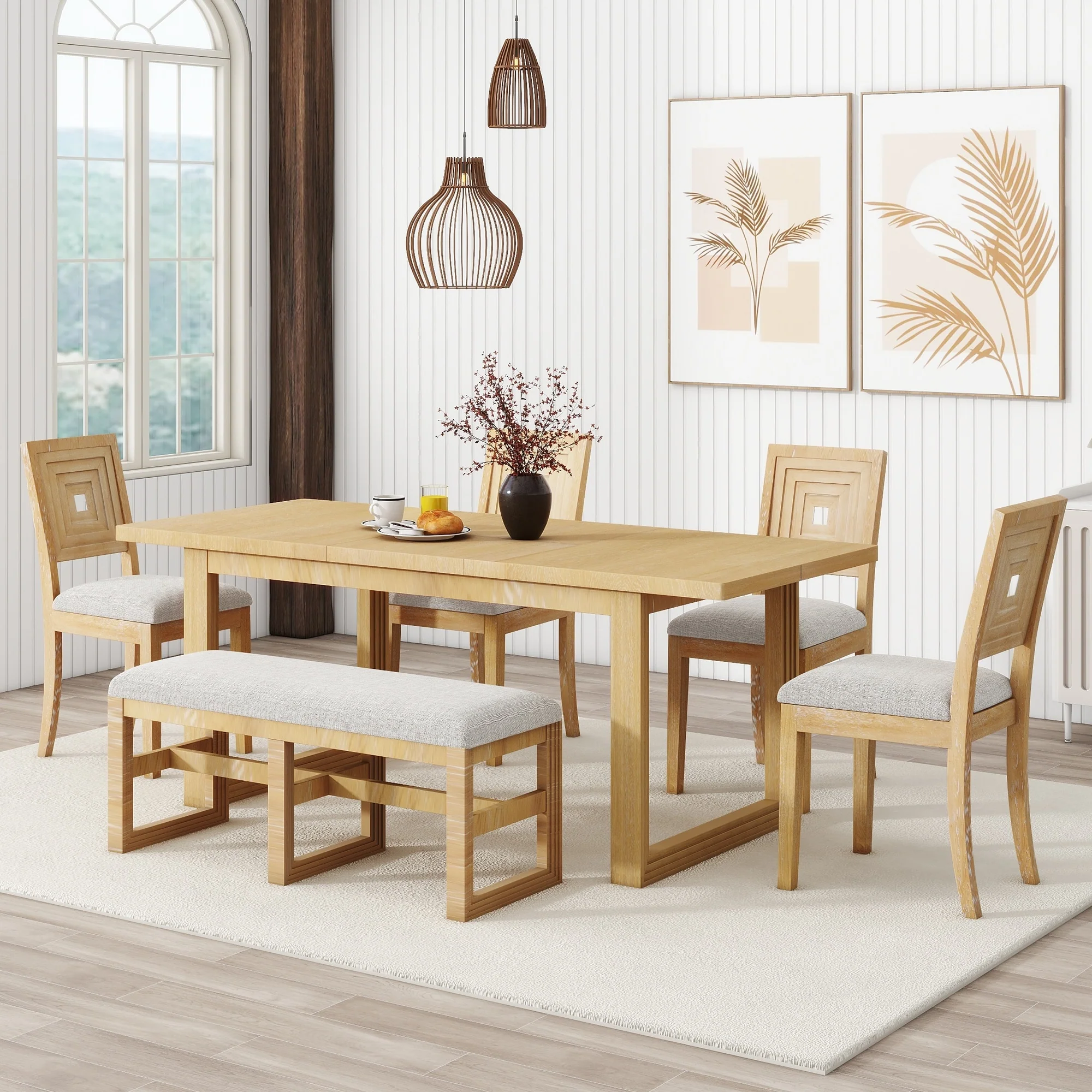 6-Piece Wooden Dining Table Set with Extendable Table, 4 Chairs & Bench