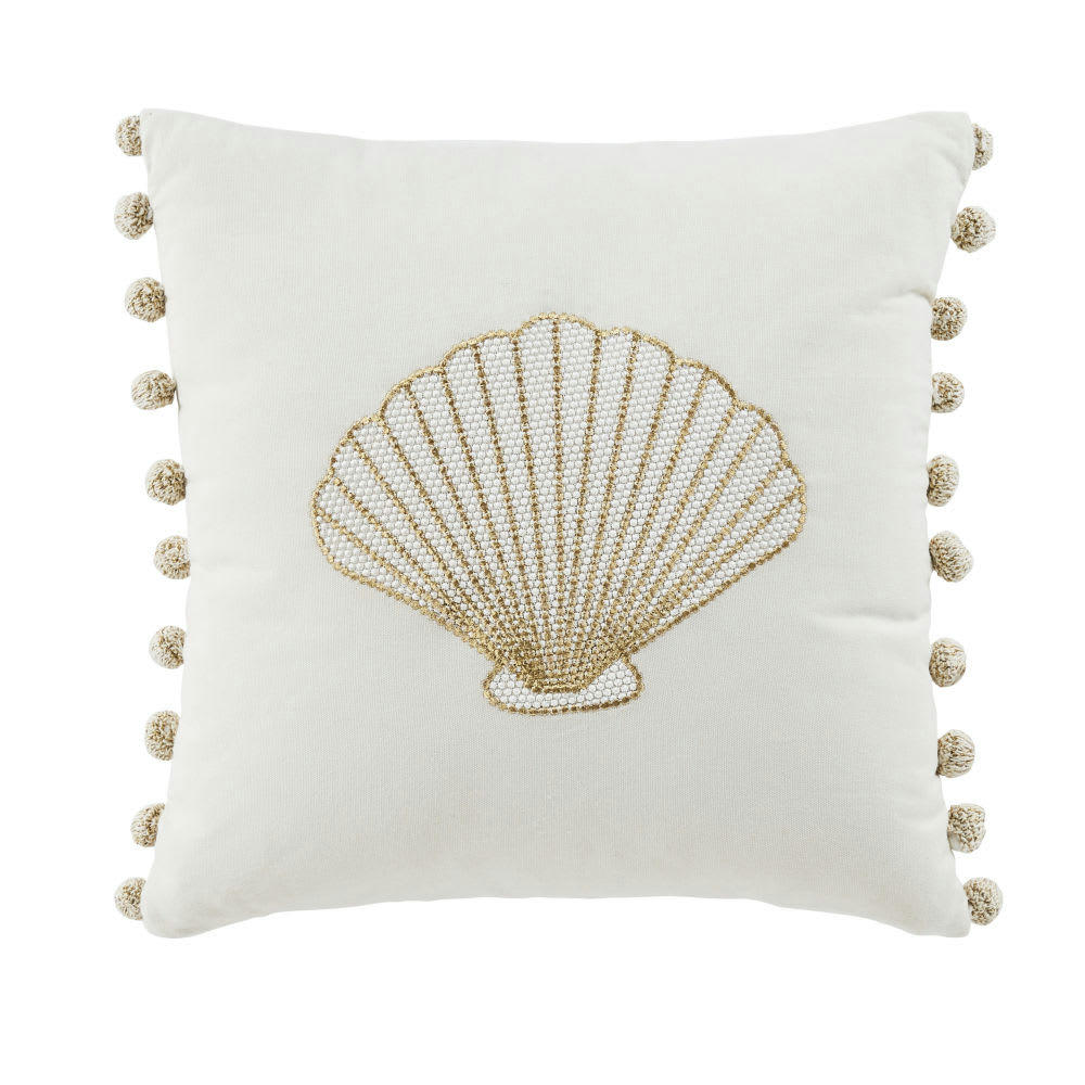 NEMO - Coussin broderie coquillage beige et écru 45x45