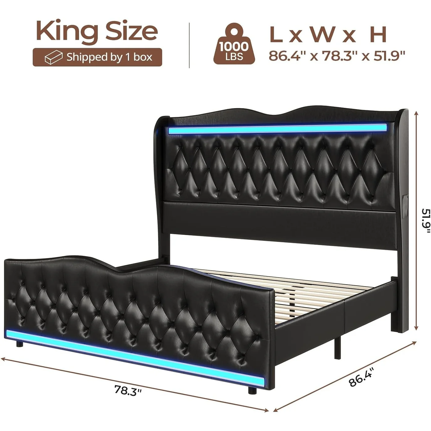 Bed Frame Wing Headboard Footboard LED Lights Charging Station