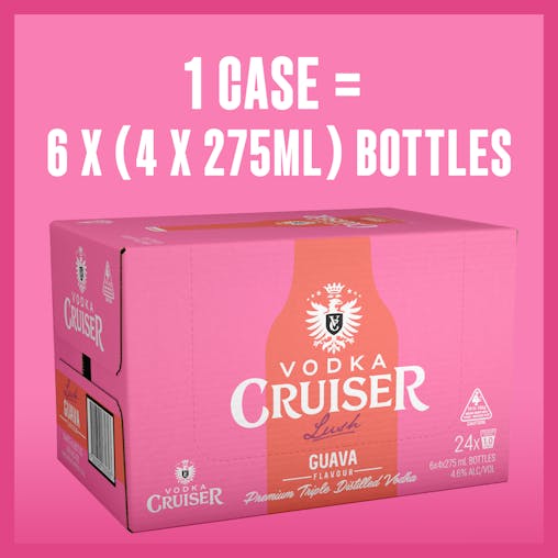 Vodka Cruiser Lush Guava, Refreshing Flavoured Pre-Mixed Vodka Drink, 4.6% ABV, 275mL (Case of 24 Bottles)