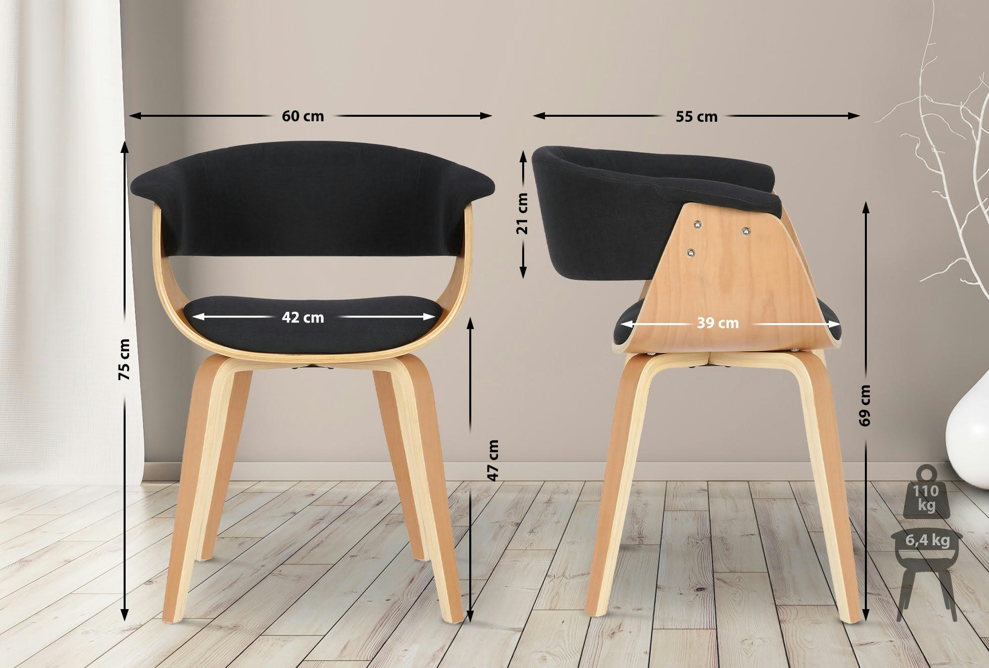 BRUCE - Chaise avec pieds en bois assise en tissu Noir