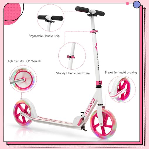 NNECW Folding Kick Push Scooter with Flashing LED Wheels-Pink