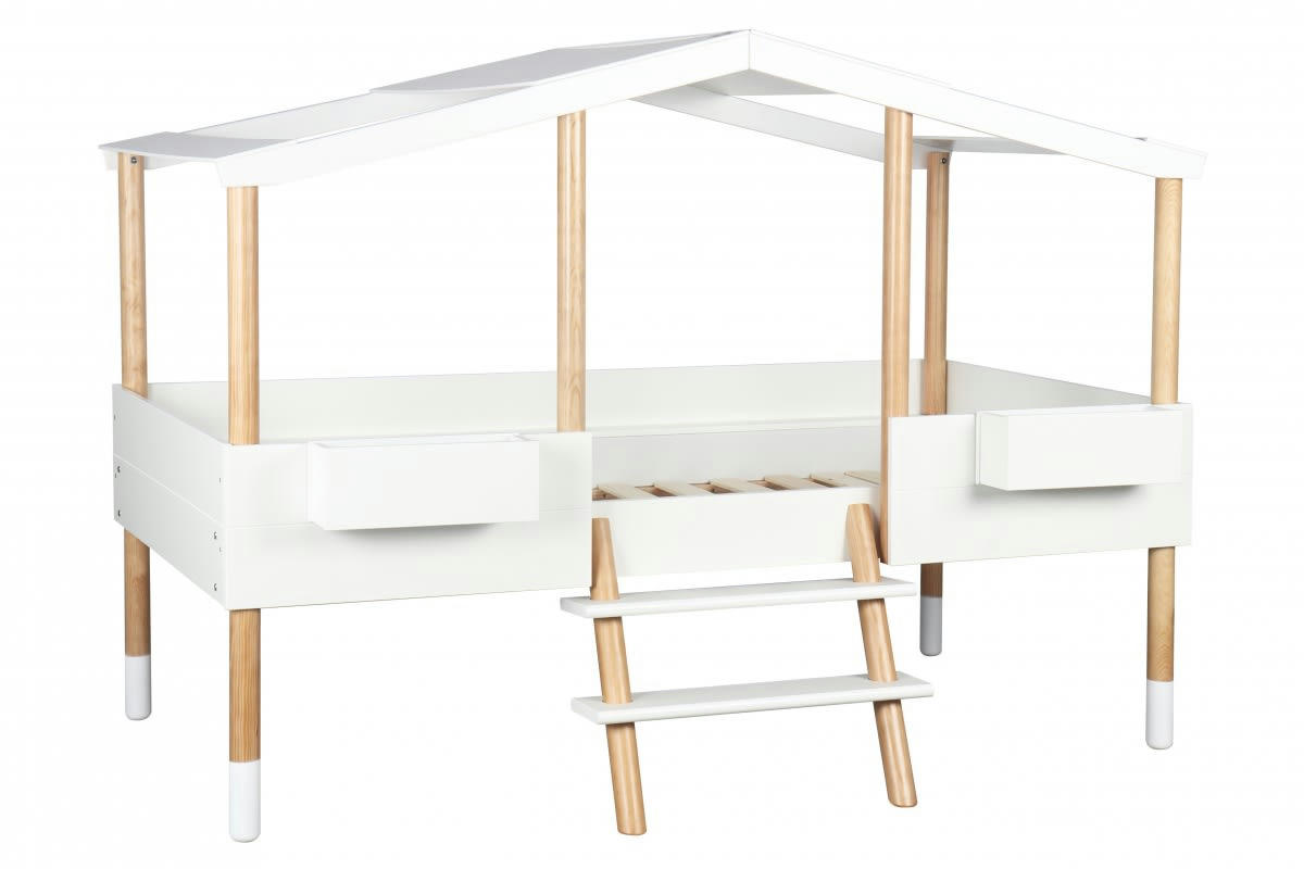 PILOTI - Lit enfant cabane  blanc   effet bois    90x190