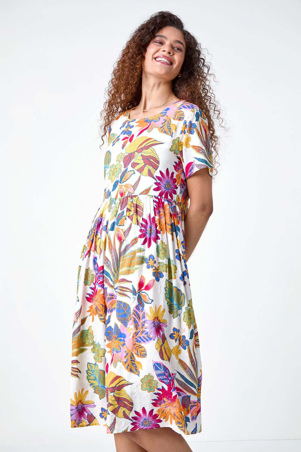 Roman Floral Print Cotton Midi Dress