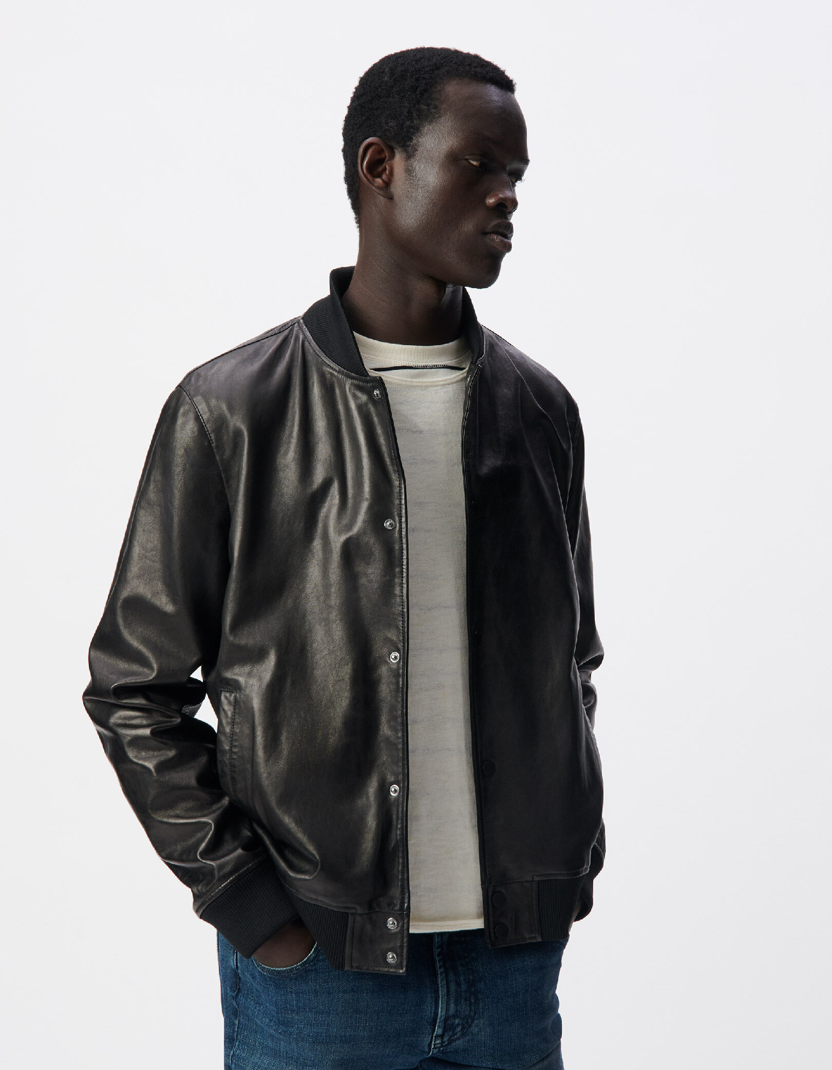 Bomber noir en cuir à parmenture amovible Homme