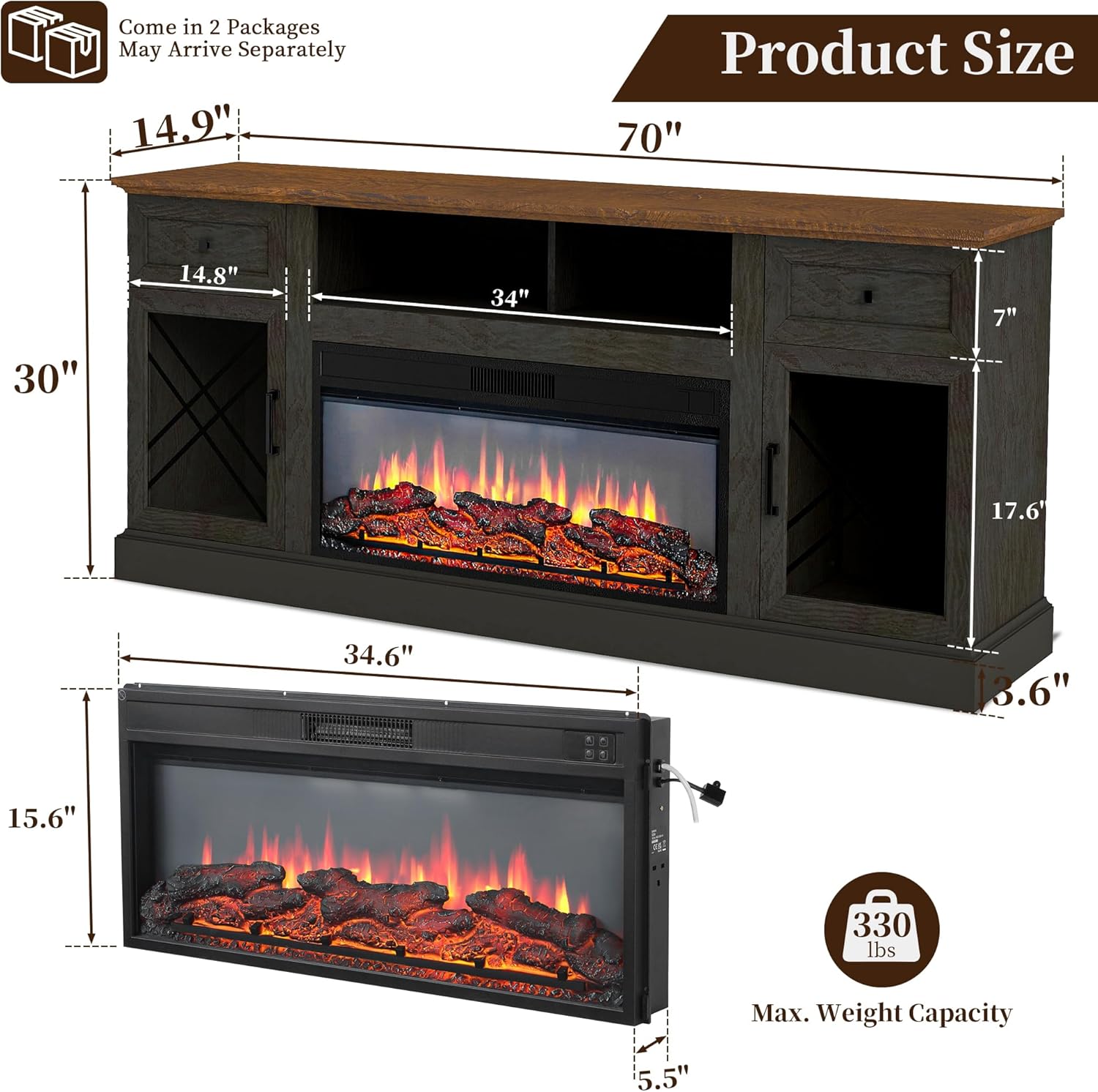 70 Fireplace TV Stand for TVs Up to 80 w/ 34 Electric Fire Place, Entertainment Center w/ 2 Glass Doors & LED Lights, TV Stands for Living Room (Espresso, 30 H w/Fireplace)