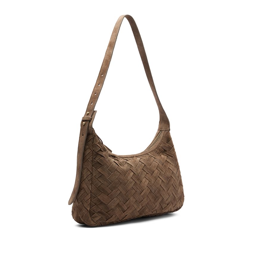 Manfield Taupe suède gevlochten schoudertas