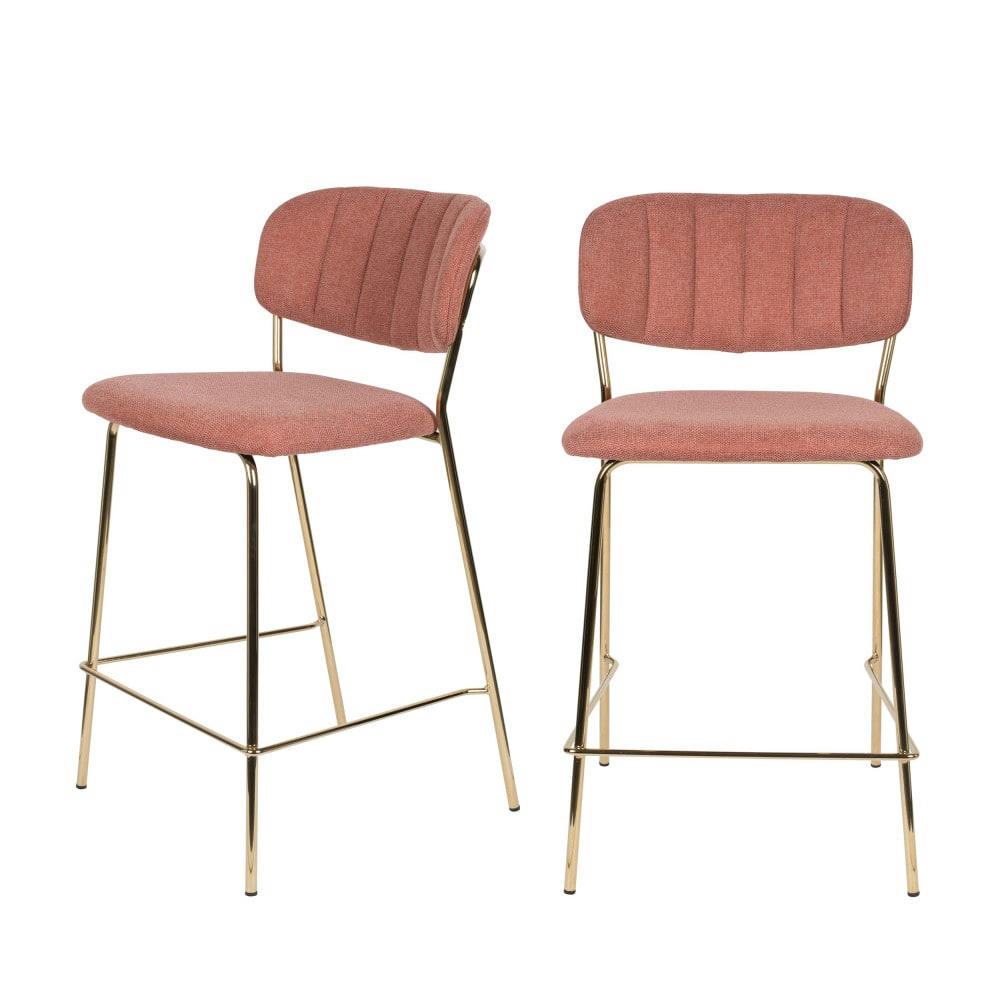 JOLIEN - Lot de 2 tabourets de bar en tissu avec pieds dorés rose