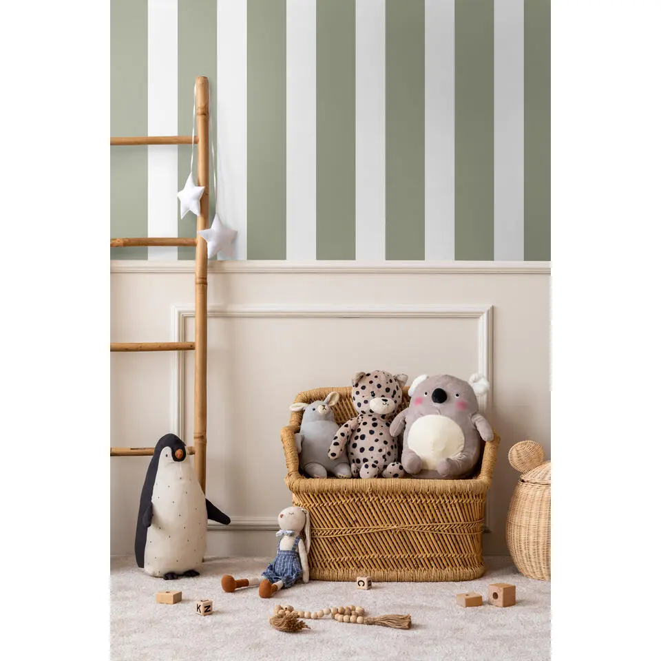 Sanders & Sanders behang strepen olijfgroen en wit - 53 cm x 10.05 m