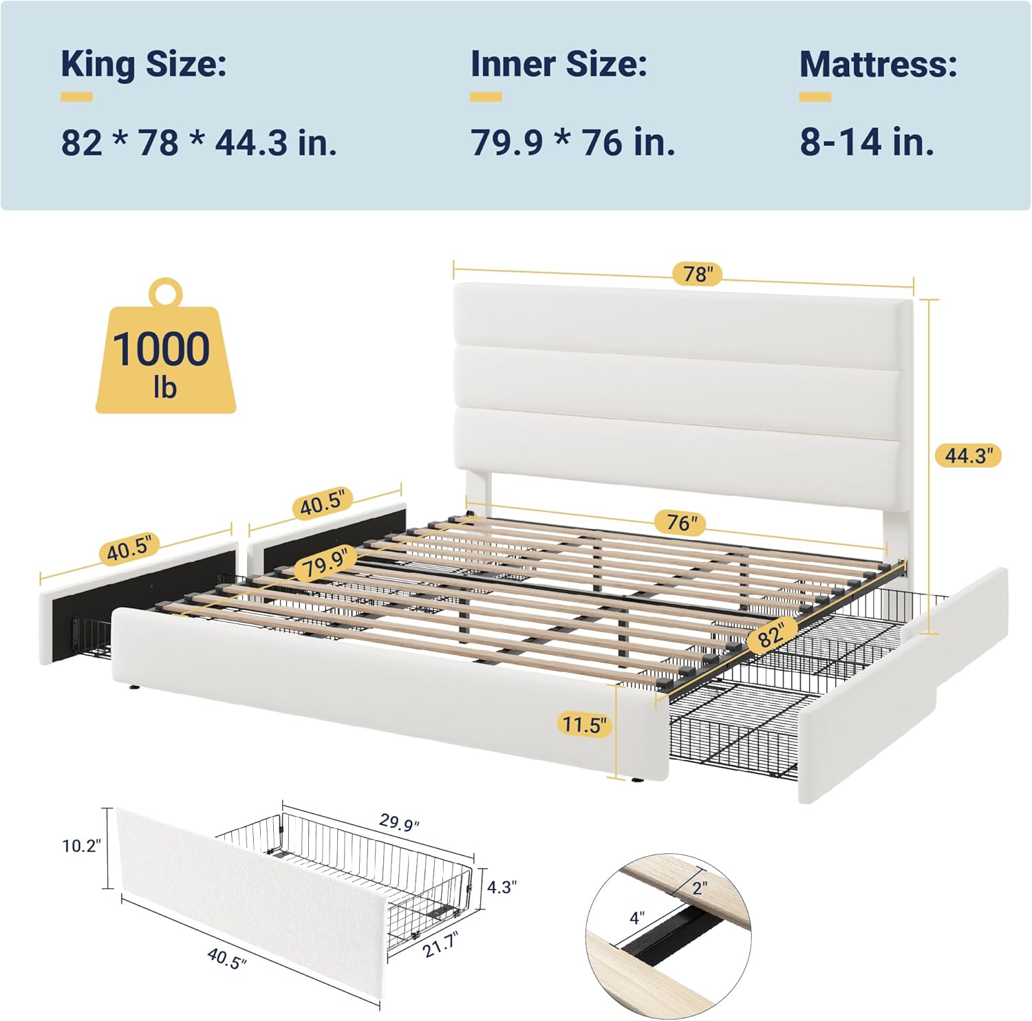 Allewie Modern King Size Platform Bed Frame with 4 Storage Drawers and Velvet Upholstered Headboard, Wooden Slats Support, Upholstered Mattress Foundation/No Box Spring Needed/Easy Assembly, White