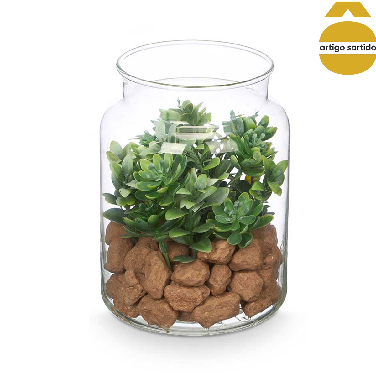 Vaso com planta artificial em vidro 16cm