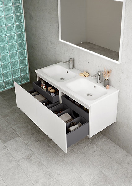Meuble vasque suspendu blanc mat l.60 cm x 2   plan double vasque blanc mat en résine, Pura