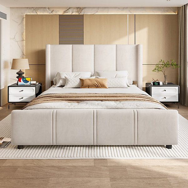 Lit coffre 140x200 cm avec tête de lit trapézoïdale, lit double éclairage LED, ports USB, 2 tiroirs, hauteur réglable, Beige
