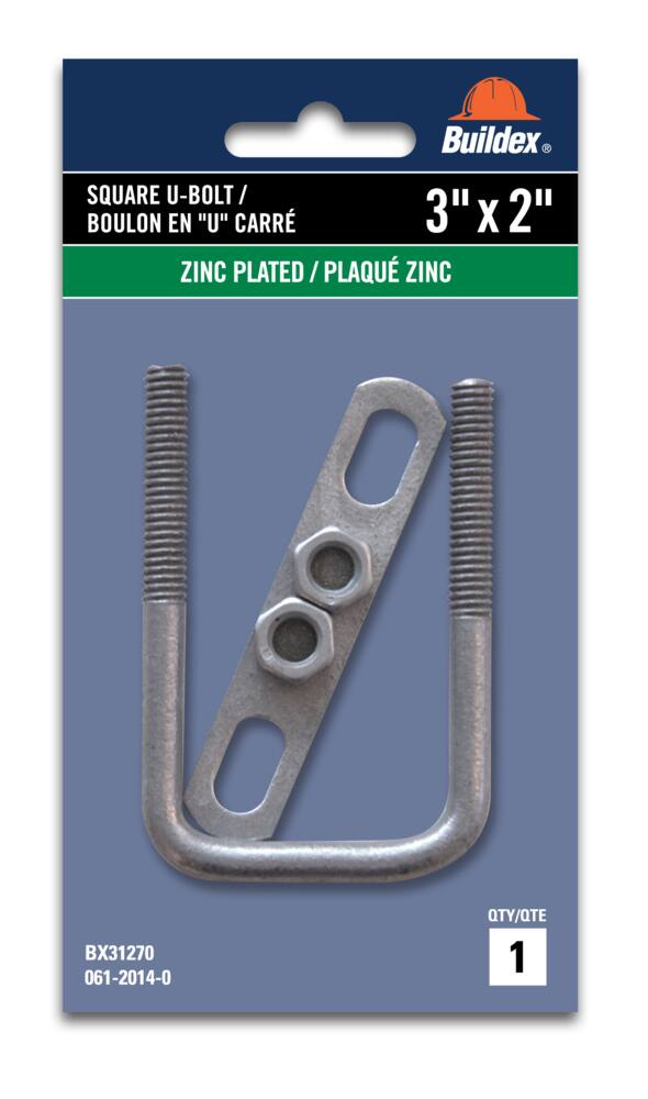 Buildex Square U Bolt, Carbon Steel, Zinc-Plated, 3 x 2-in