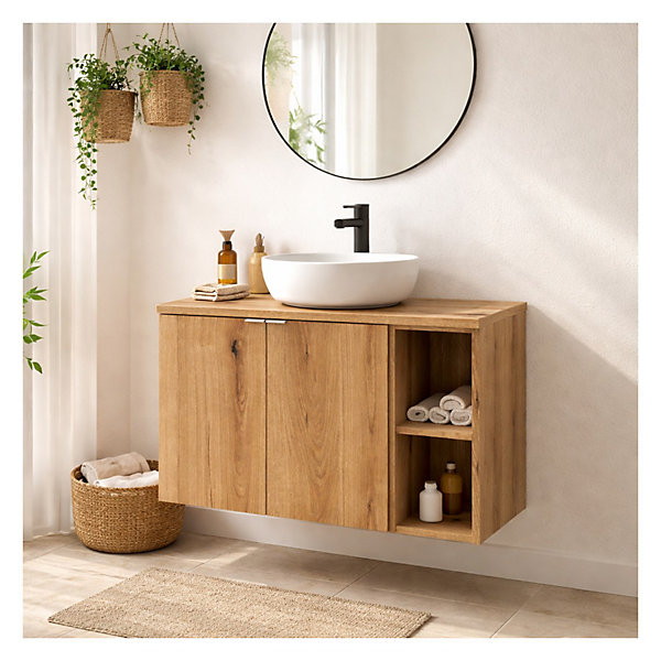 Ensemble de salle de bain suspendu VANO aspect chene 80cm : meuble sous vasque à placards et niches visibles et plan pour vasque