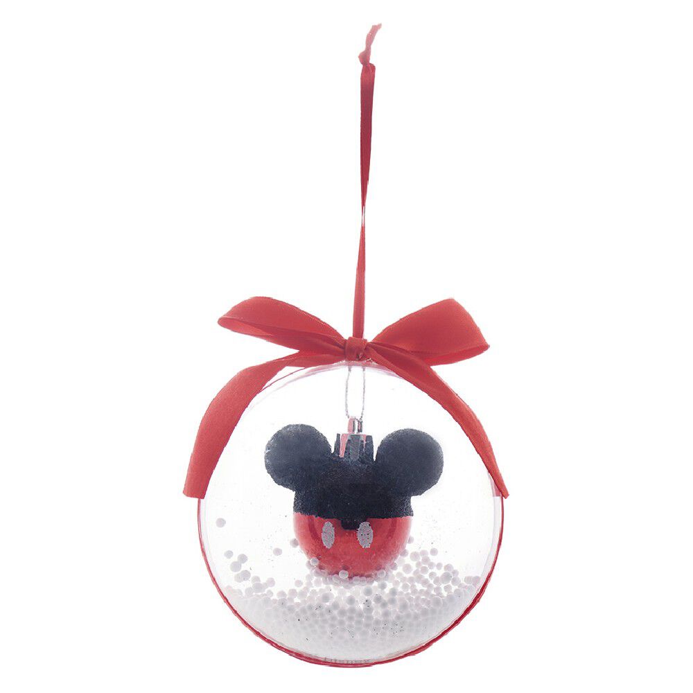 Boule de No&euml;l Disney transparente ruban et billes avec tête de Mickey