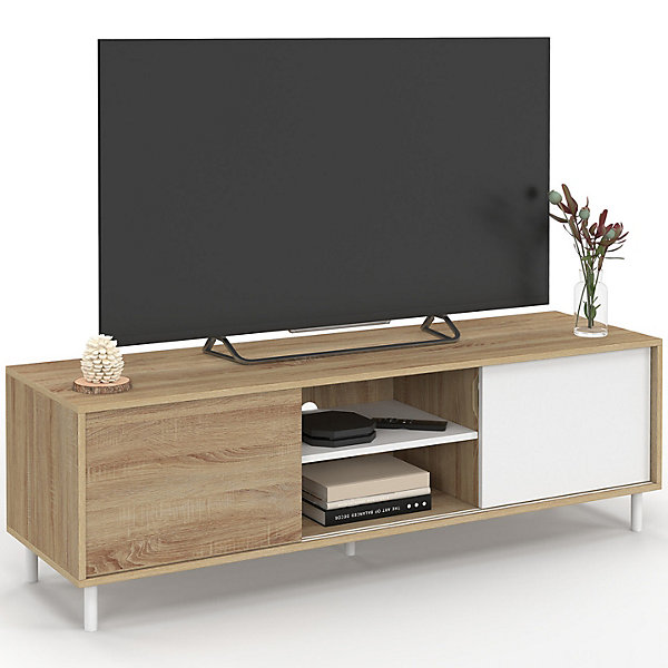 Meuble TV 140 cm EASY montage sans outils 2 portes coulissantes réversibles effet bois et blanc