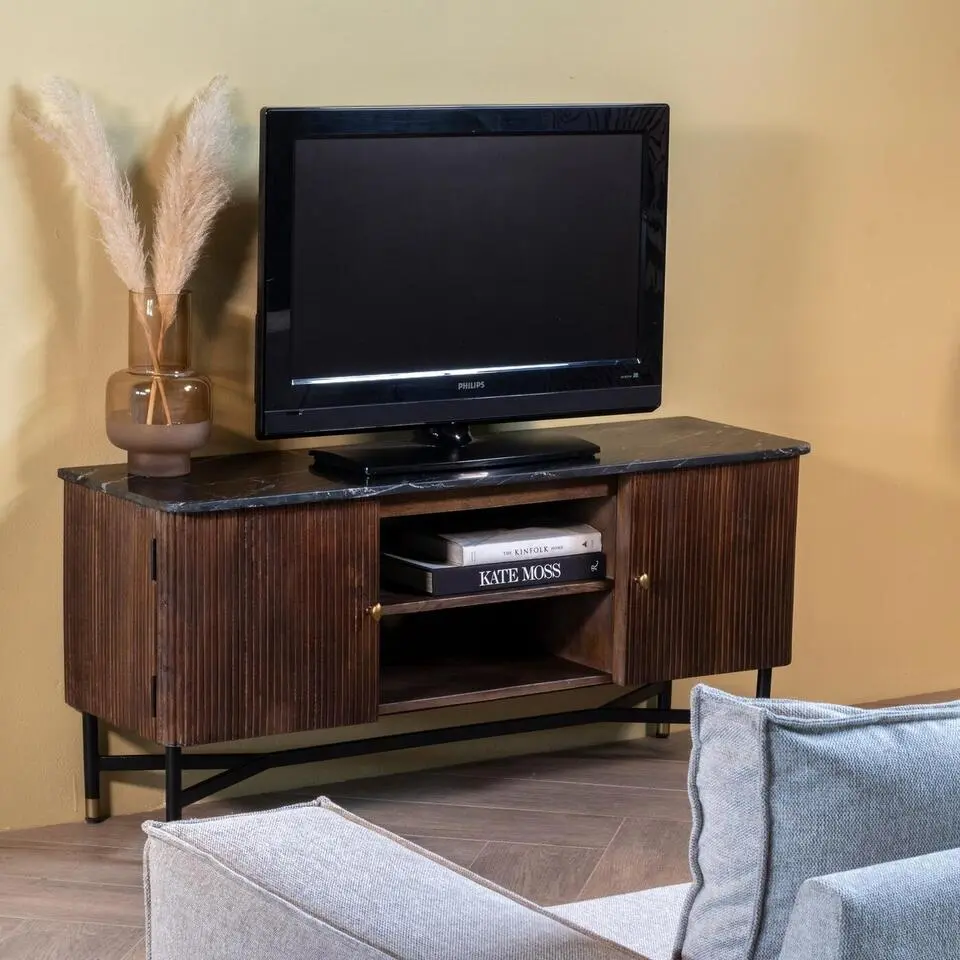 Tv Meubel Bruin Mangohout - Zwart Marmer - 130cm - Japandi