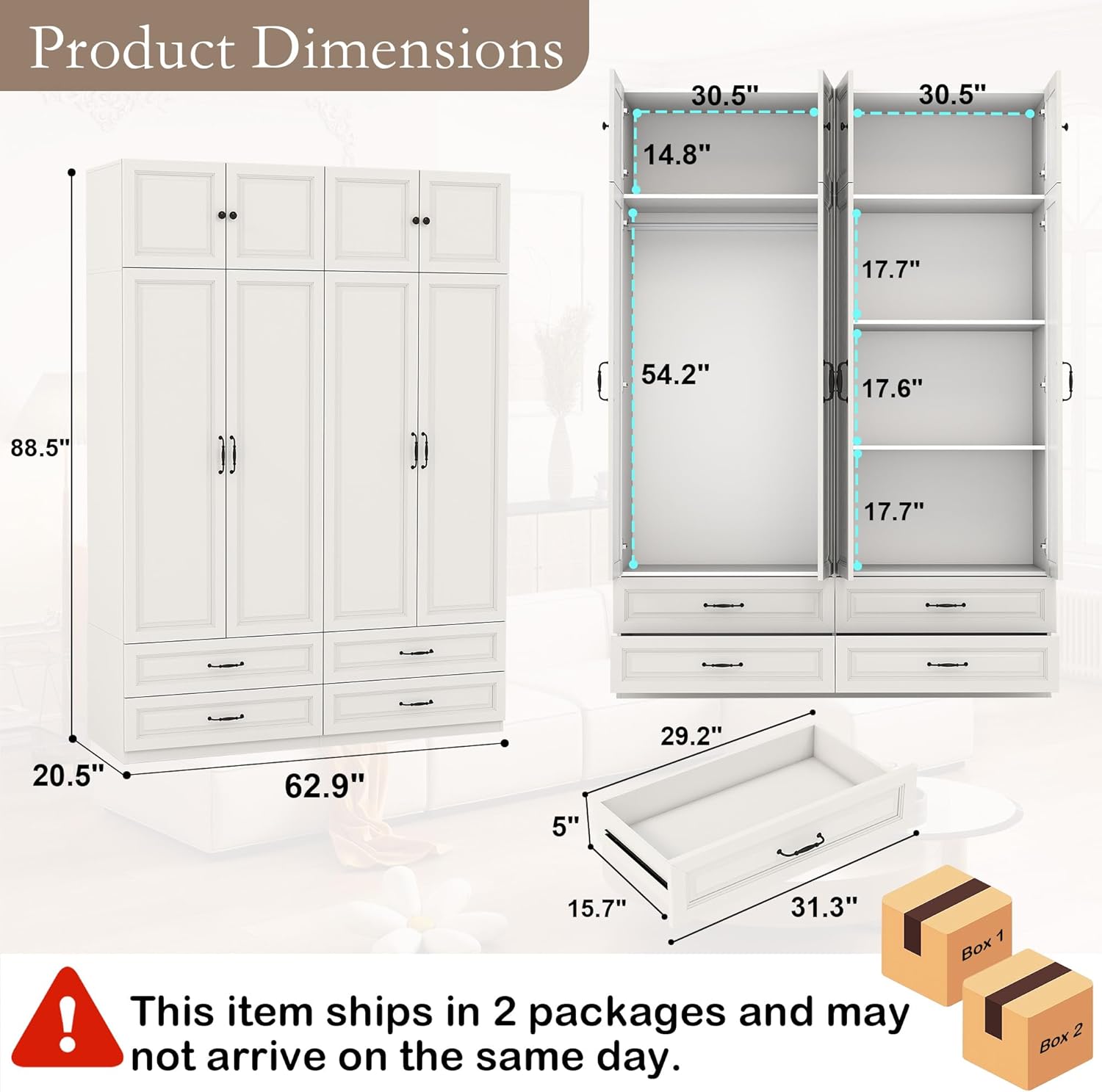 White Armoire Wardrobe Closet: 88 Extra Tall Wardrobe Cabinet with 4 Drawers, Large Wood Armoire Closet with 4 Doors, Modern Bedroom Armoires with Top Cabinet