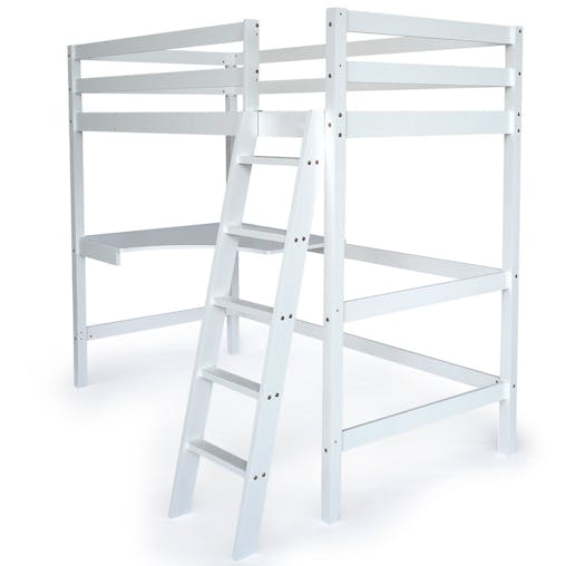 NNEMB Wooden Kids Single Loft Bed Frame with Desk-White