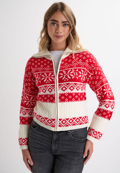 Womens Red Fairisle Zip Christmas Jumper