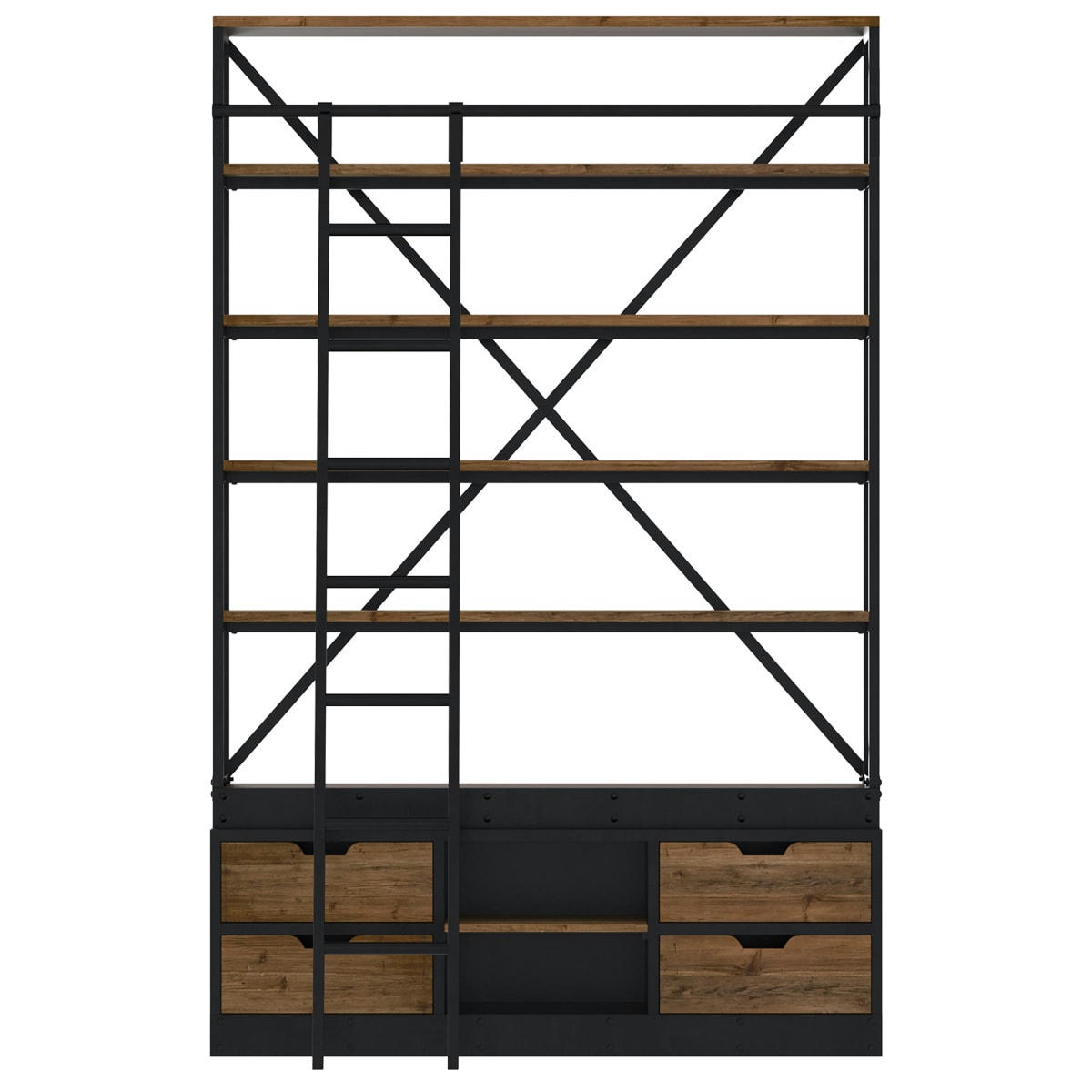 KASI - Bibliothèque 160 cm en bois et métal avec échelle, 4 tiroirs
