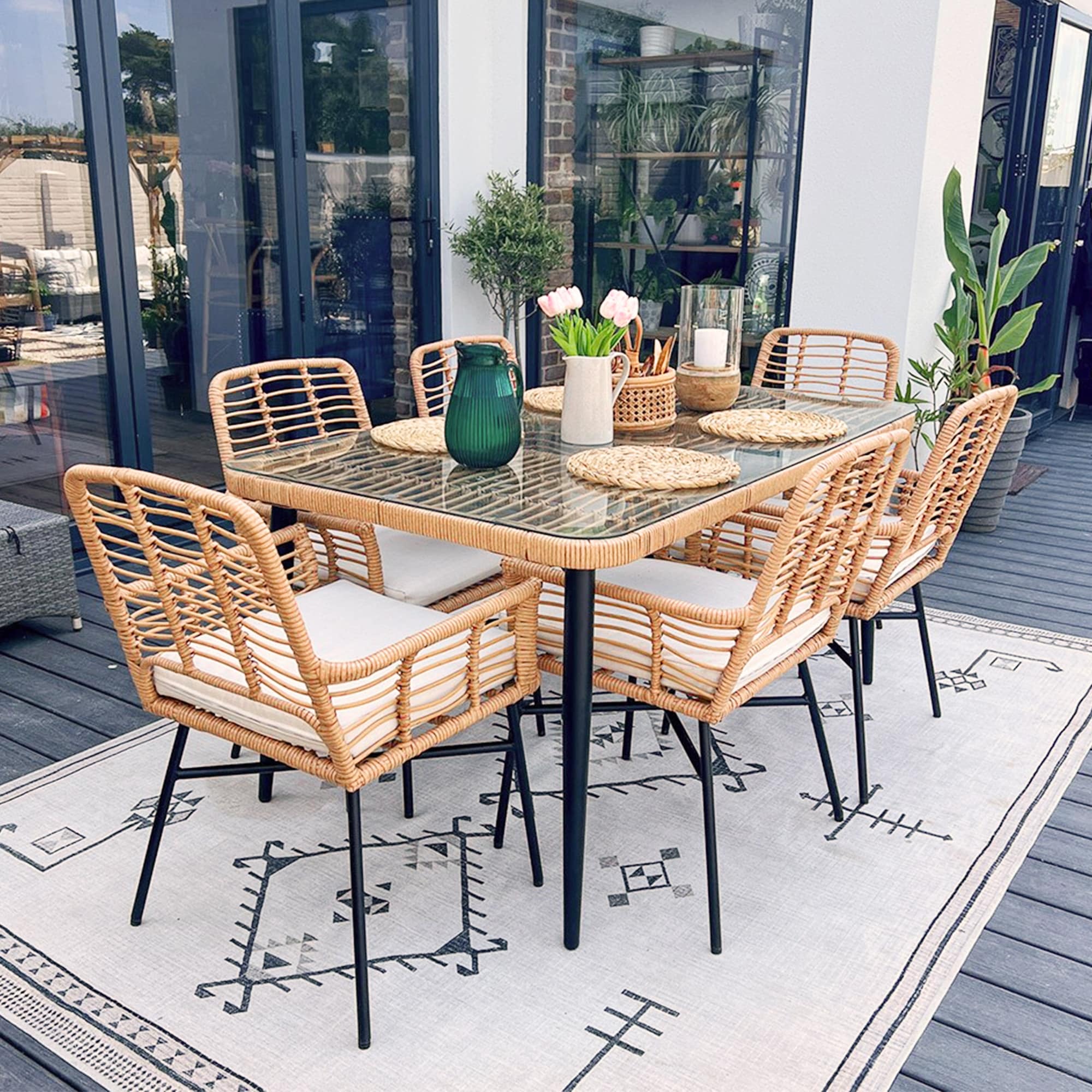 7 Pieces Patio Dining Set, Wicker Outdoor Dining Table Furniture Set with Removable Cushions for Lawn, Garden, Backyard