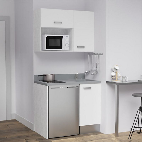 Kitchenette K00 - 100 cm - façades Blanc - Plan monobloc en quartz coloris Cromo évier à droite
