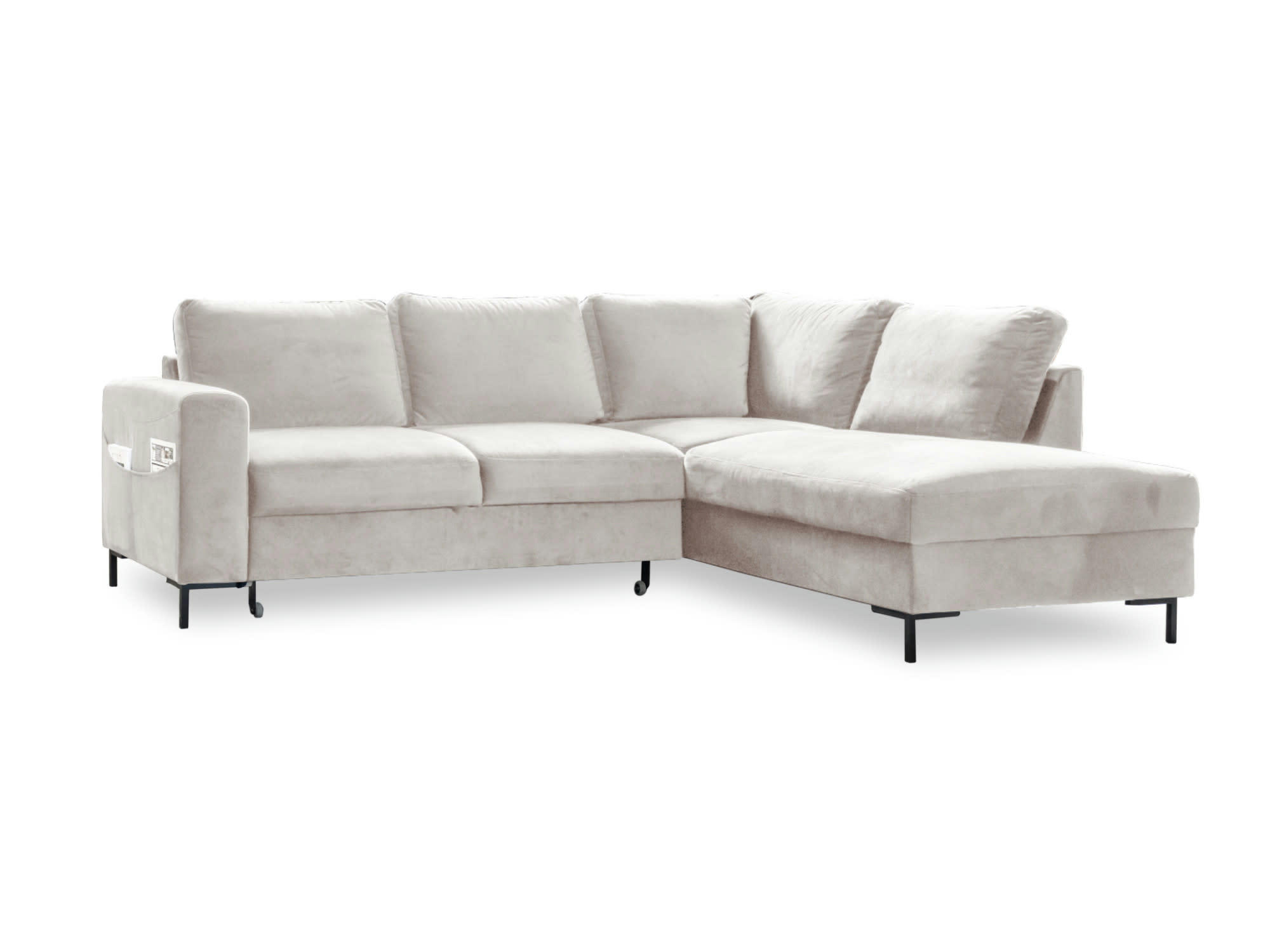 LILLY - Canapé d'angle droit convertible 5 places en velours beige