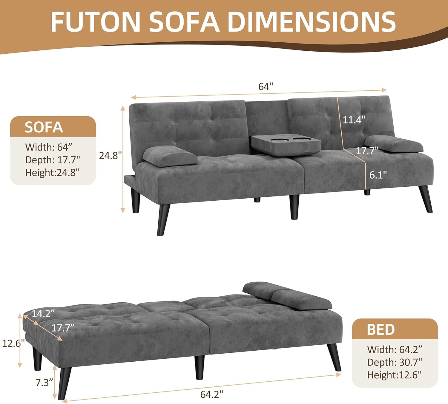 Shintenchi Futon Sofa Bed, Velvet Foldable Couch, Reclining Sleeper with Removable Armrests, Upholstered Loveseat Sofa Couch with Folding Cup Holders for Home, Office, Dark Grey