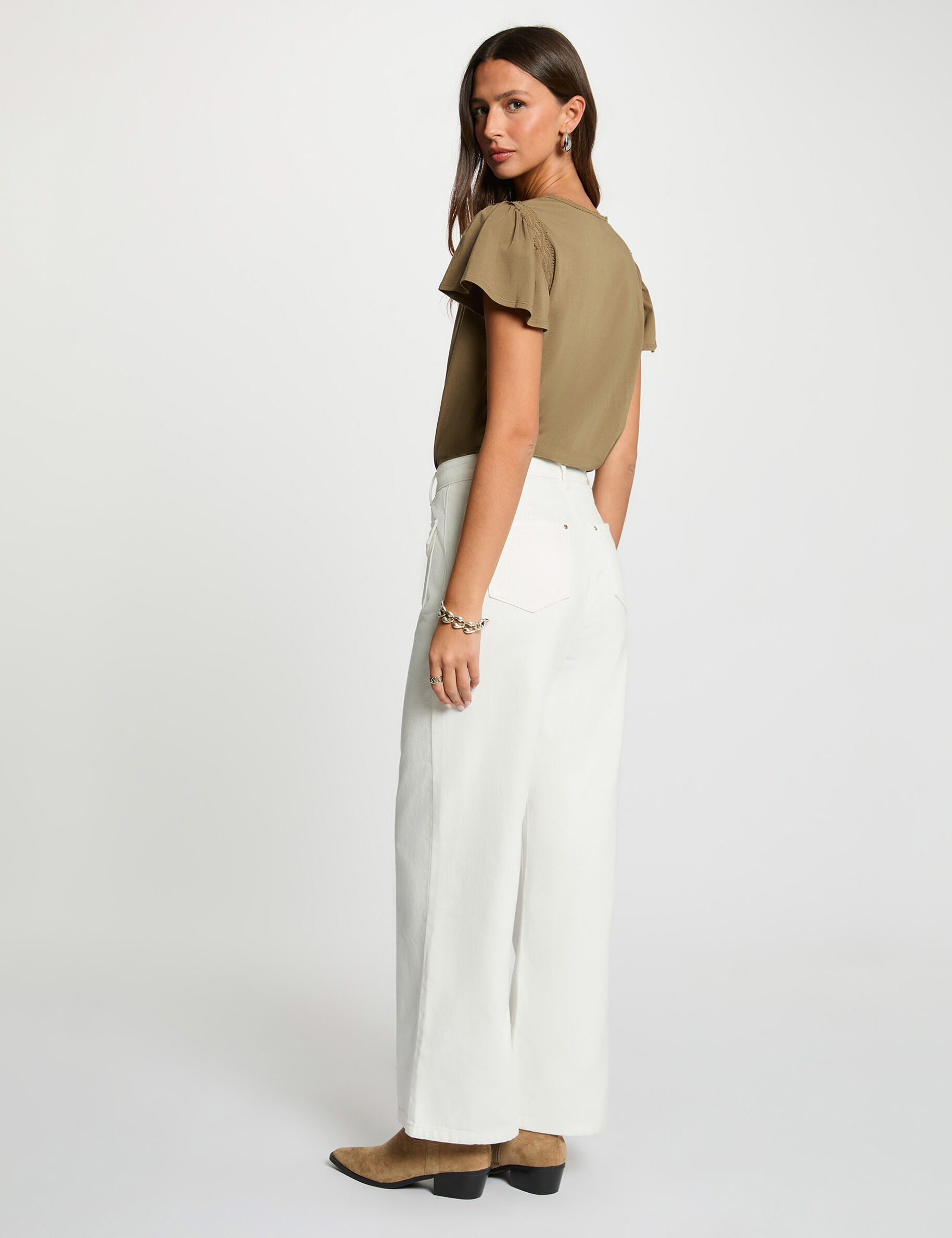 V-Neck T-Shirt With Ruffles Khaki Green Women