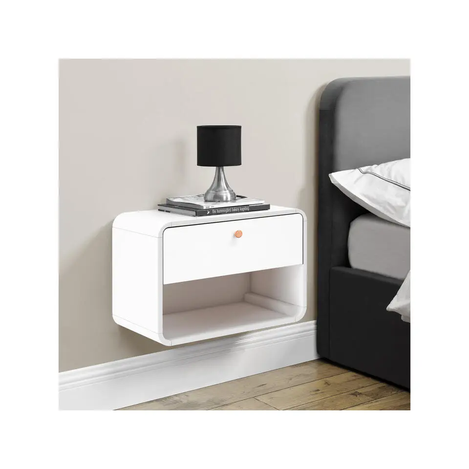 Cassie - Nachtkastje aan de muur met 1 lade in witte spaanplaat