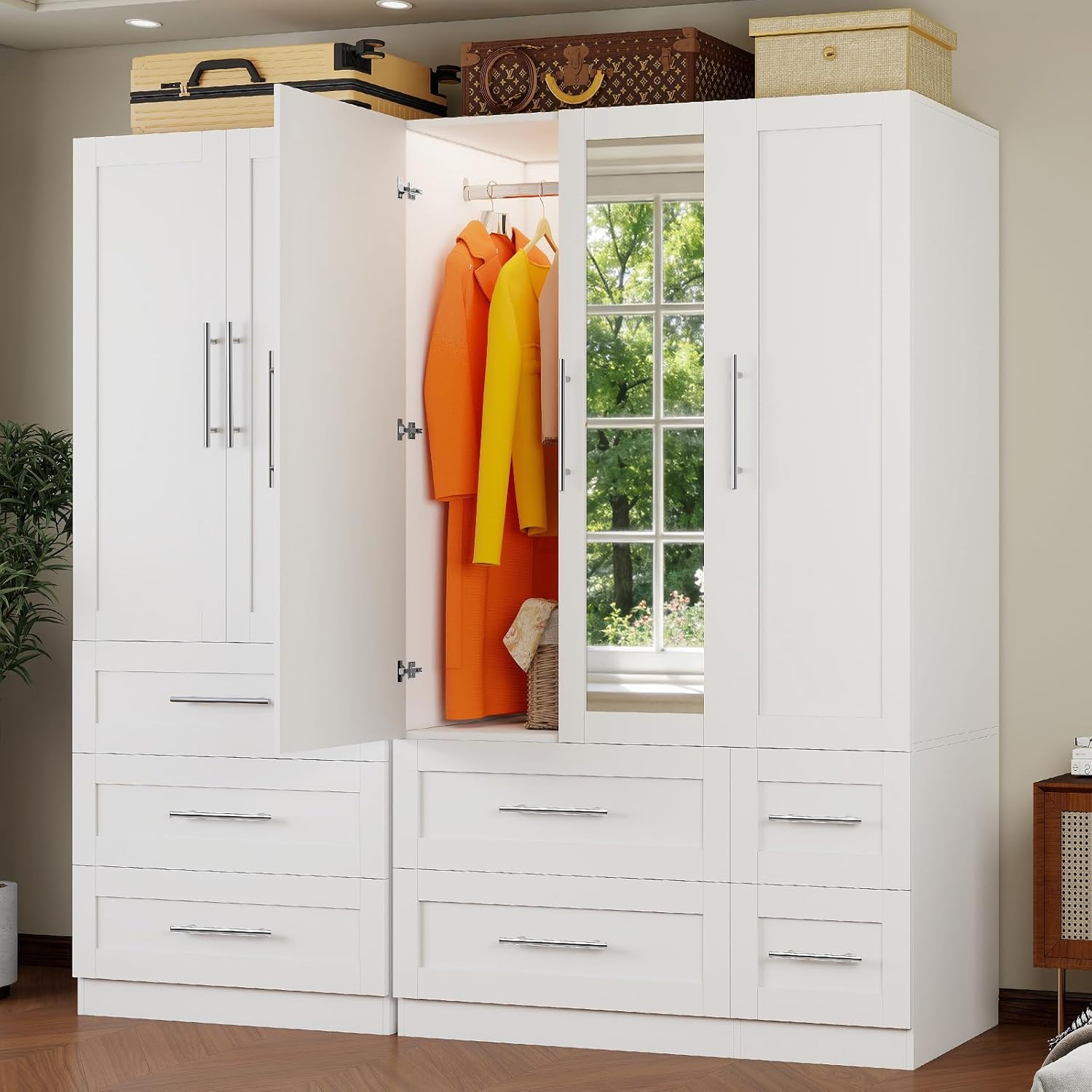 fastgo Armoire Wardrobe Closet with 7 Large Deep Drawers and Mirror, 71 Tall Bedroom Armoires with 5 Doors, White Wood Wardrobe Cabinet with 3 Adjustable Shelves, Bedroom Storage Wardrobe Closet