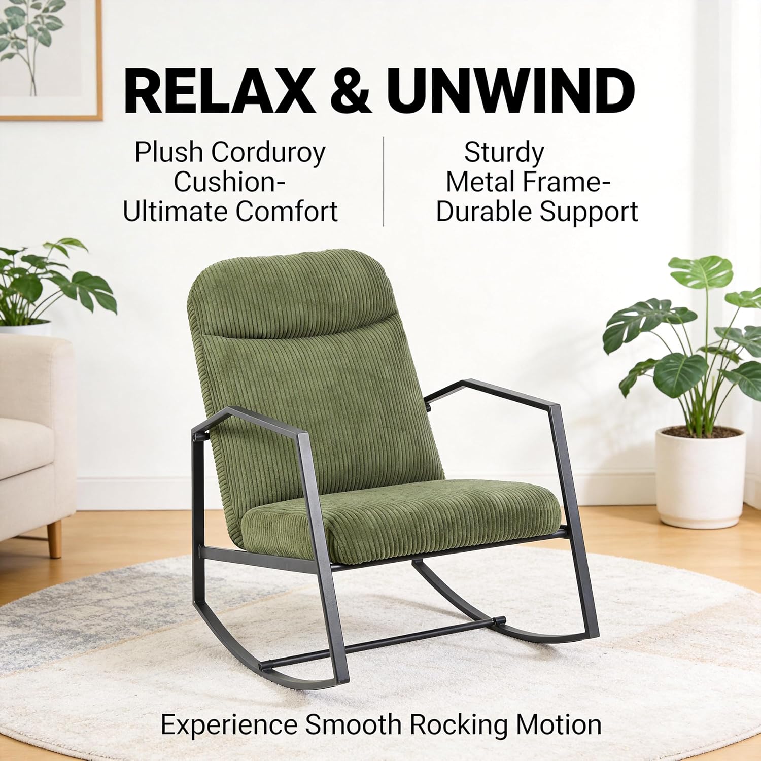 Kinfant Mid Century Modern Rocking Chair, Corduroy Upholstered Accent Chair with Metal Frame, High Back Nursery Glider Rocker, Comfy Reading Lounge Chair for Living Room Bedroom Small Space Green