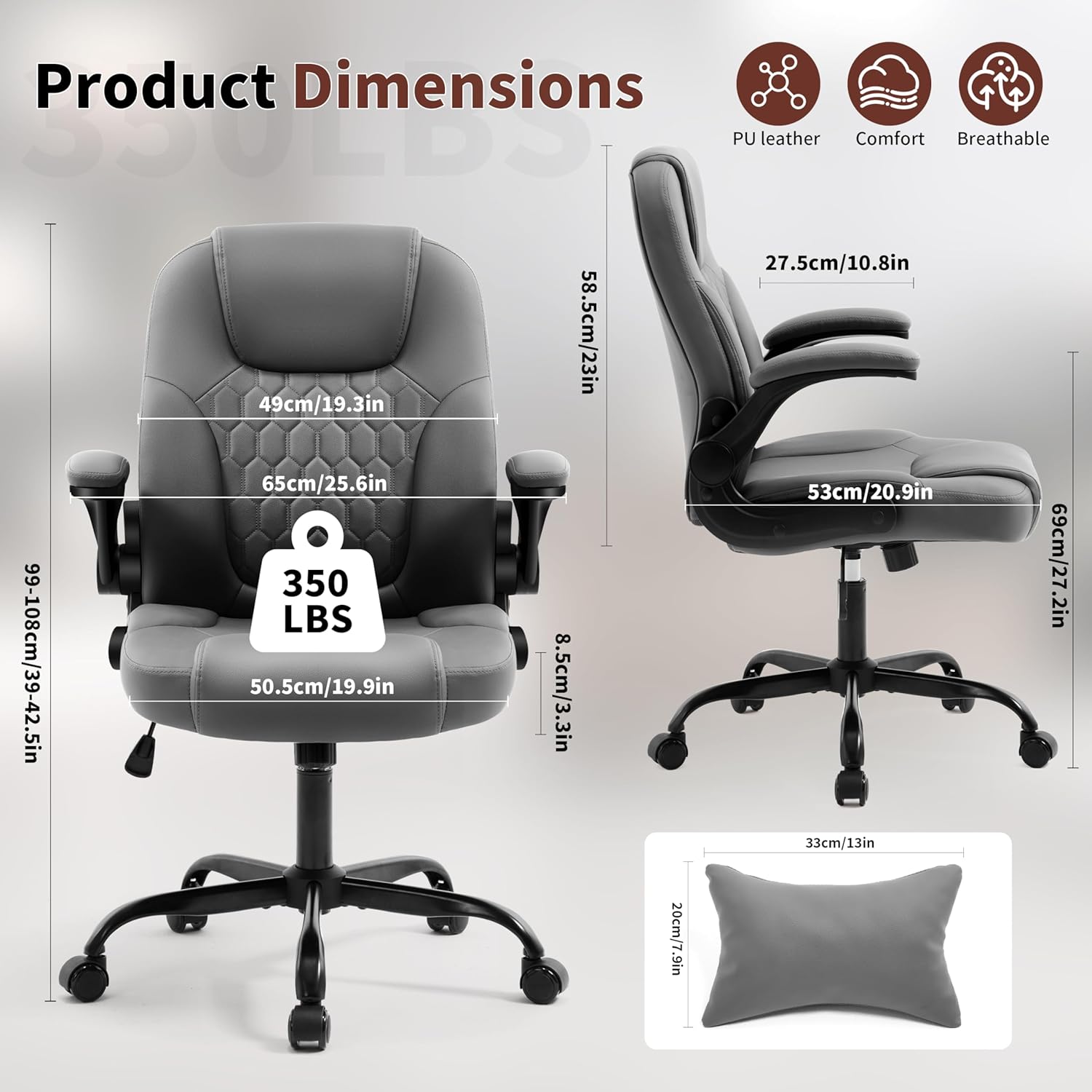 Executive Office Chair PU,Leather Office Chair with Wheels,360° Swivel Rolling Chair with Padded Arms,Ergonomic Computer Chair with Lumbar Support for Short People Use (Grey)