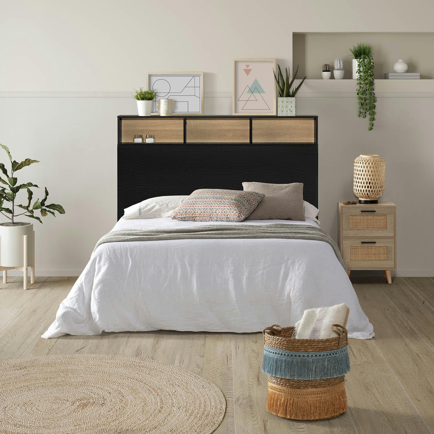 ZEUS - Tête de lit 145 cm noir, 2 portes 9 trous