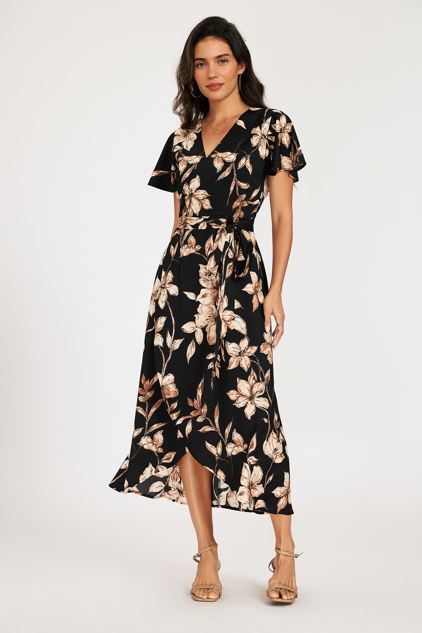 FS Collection Flutter Sleeves Floral Wrap Midi Dress