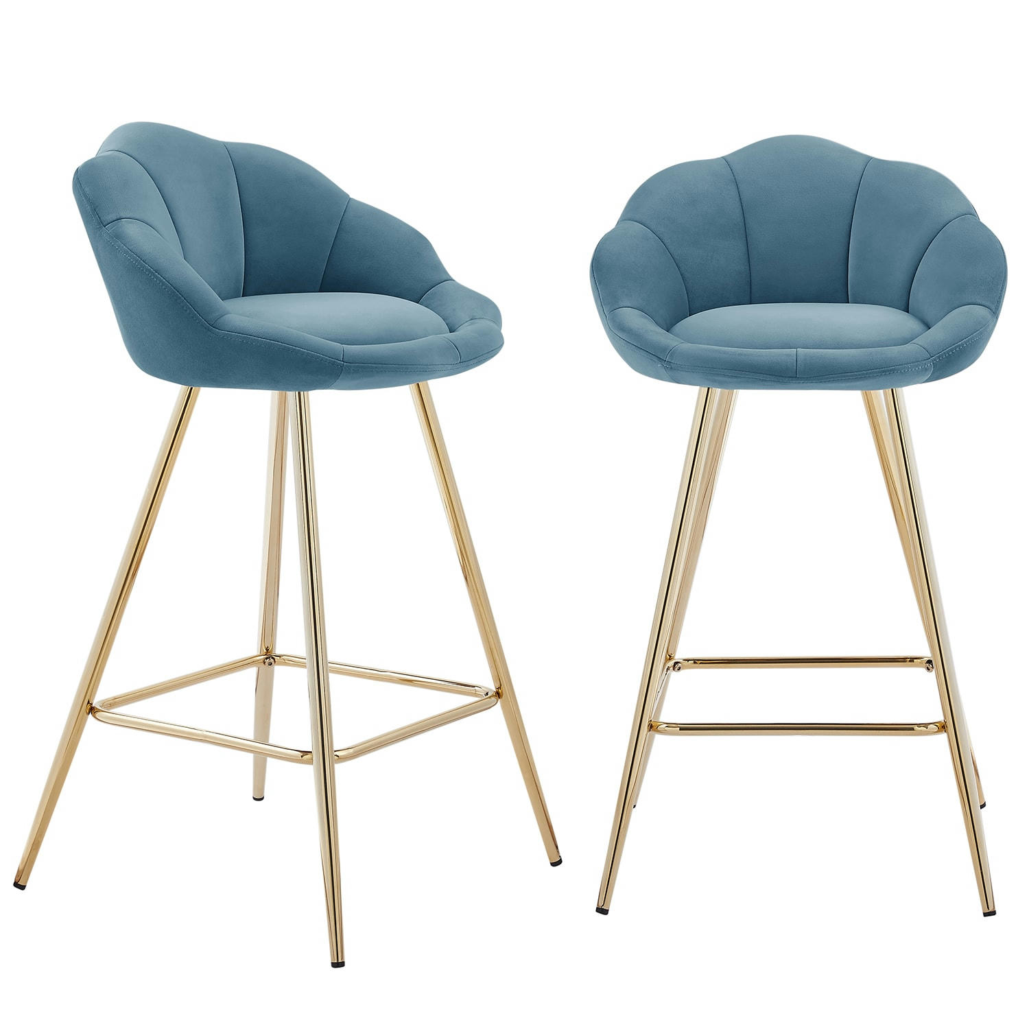 CORAIL - Lot de 2 tabourets de bar en velours bleu piètement doré