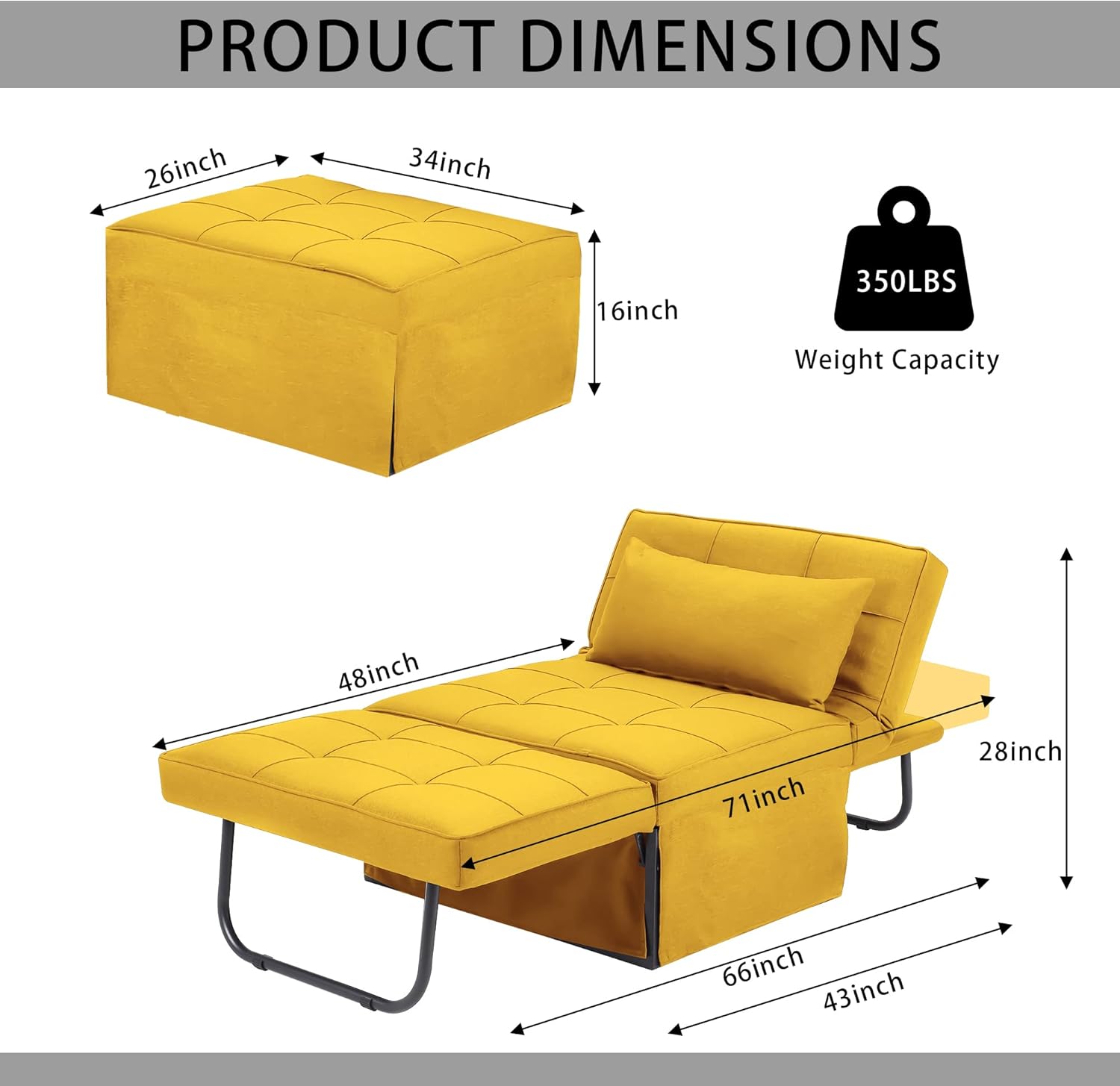 BIGSYY Sofa Bed, Set of 4 in 1 Multi-Function Folding Ottoman Breathable Linen Couch Bed with Adjustable Backrest Modern Convertible Chair for Living Room Apartment Office, Yellow