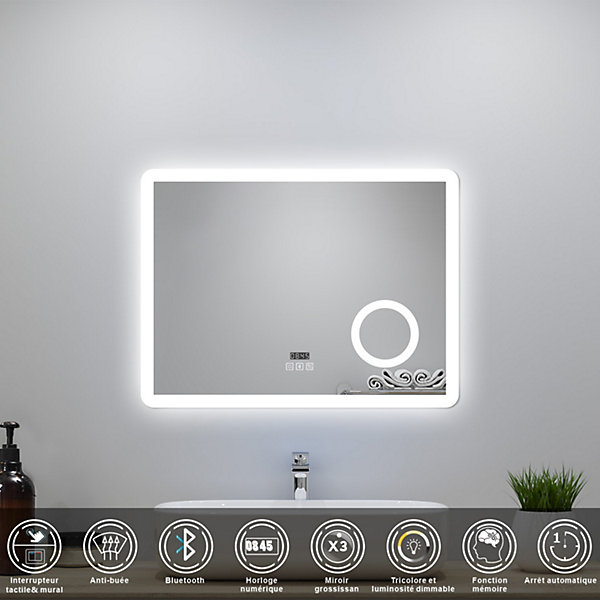 Miroir LED de salle de bain 80x60cm avec Bluetooth et horloge numérique, 3 couleurs réglables,miroir anti-buée,Ocean Sanitaire
