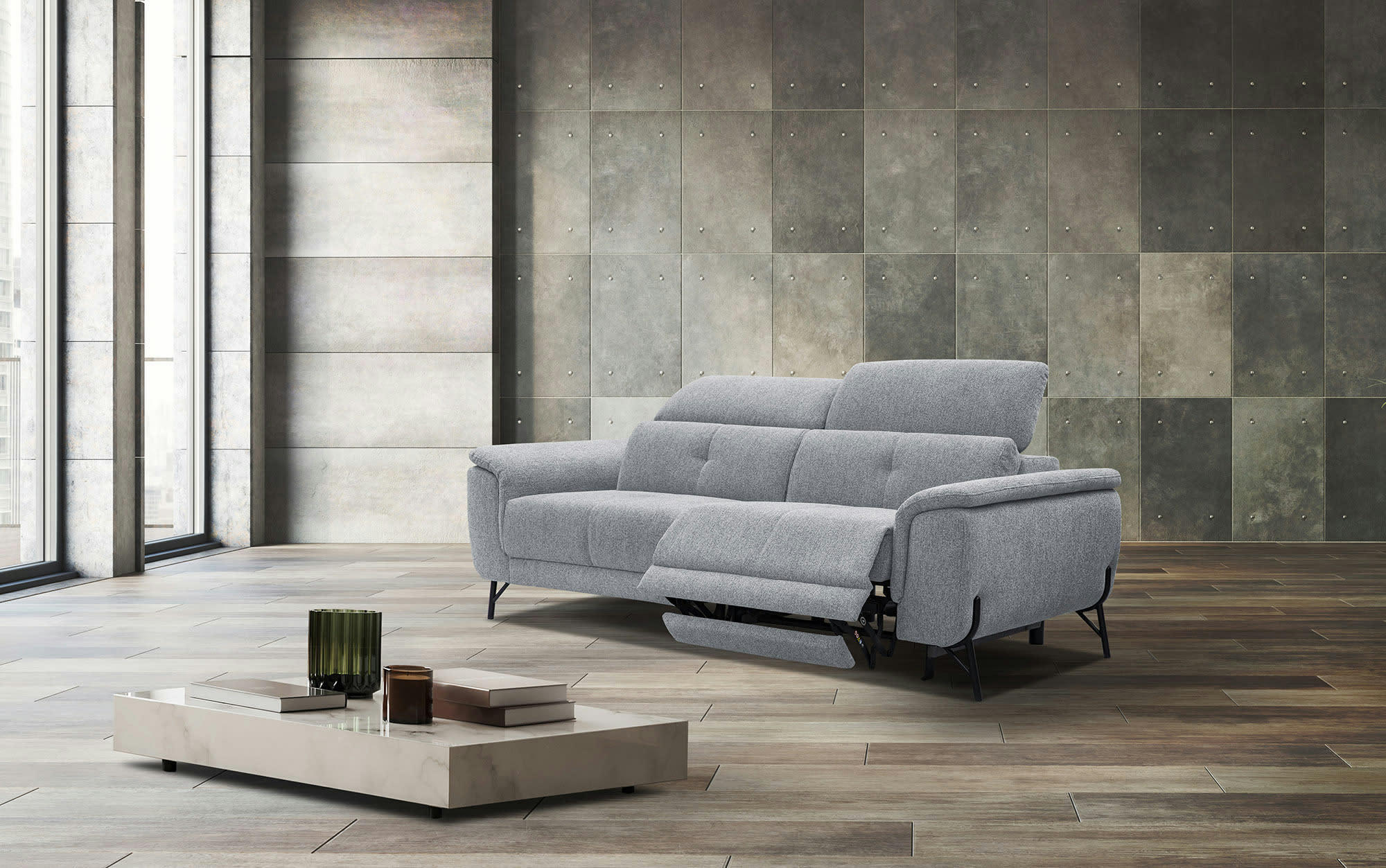 AVENA - Canapé droit 3 places avec 1relax électrique à gauche tissu gris clair