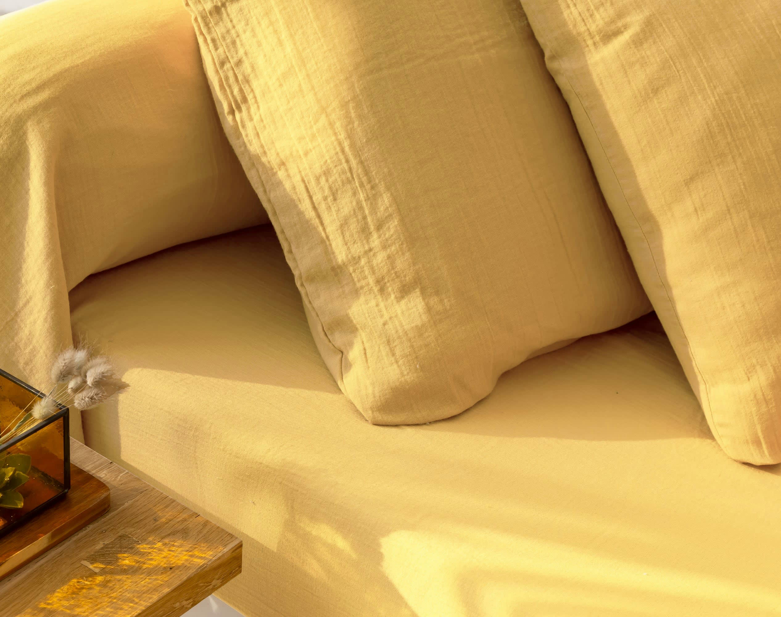 DOUBLE GAZE - Drap-housse 160x200x28 jaune en coton