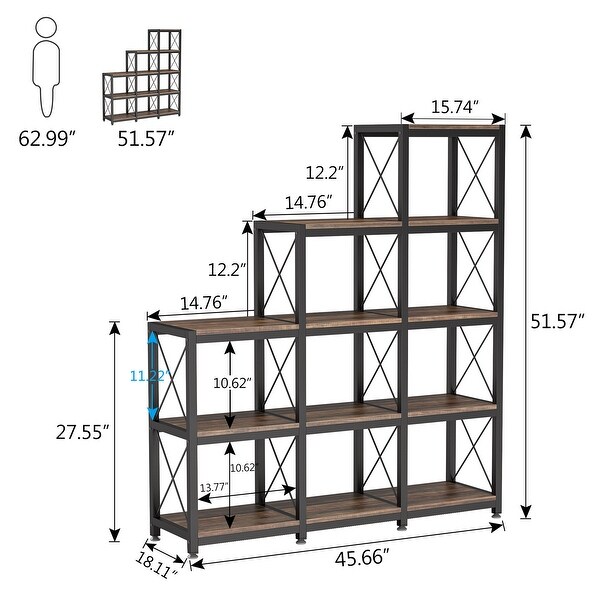Industrial 12 Shelves Bookcase, Ladder Corner 9 Cubes Bookshelf