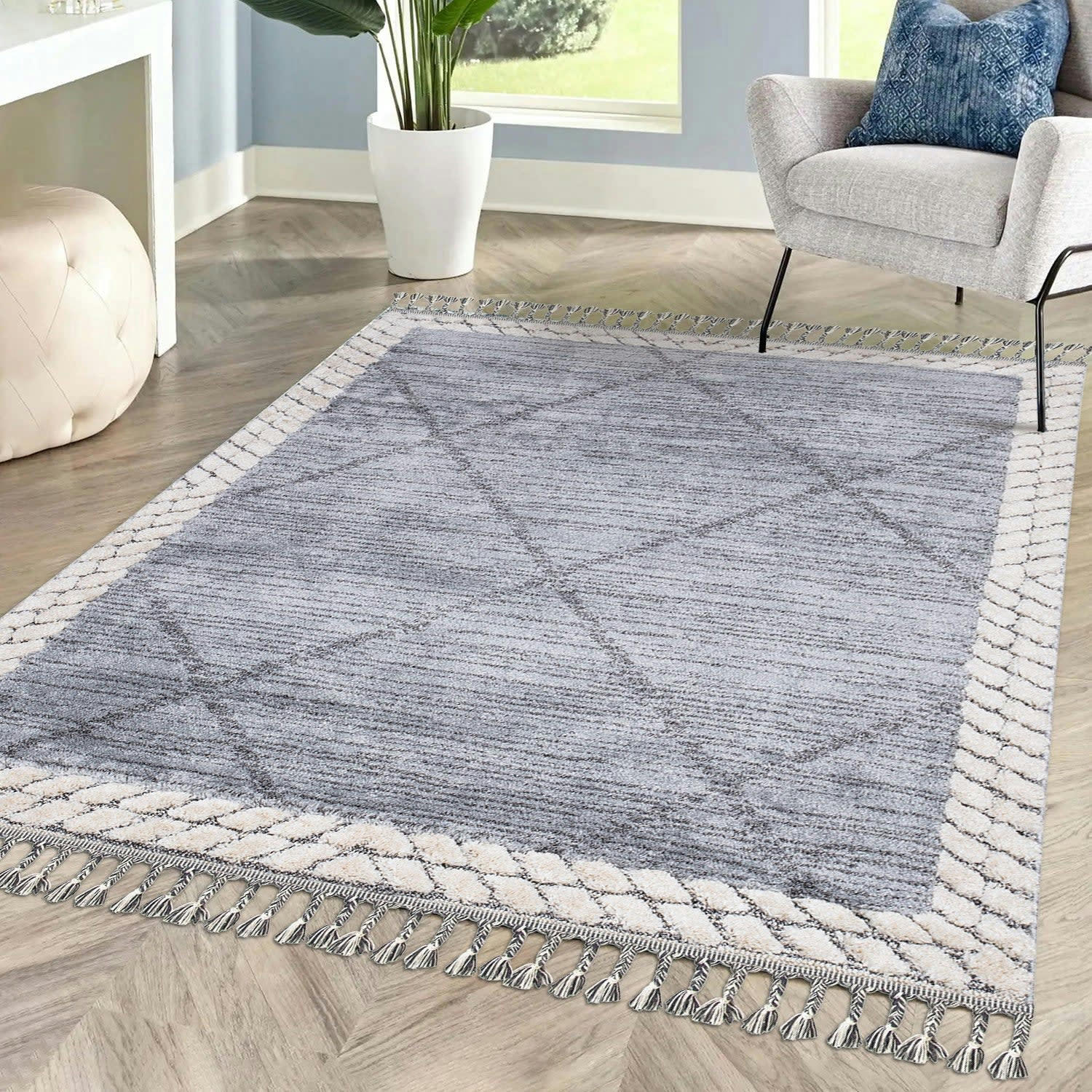 BOHOUSE - Tapis bohème chic à franges tressées gris et crème 160x230cm