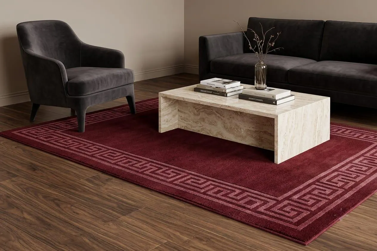 Burgundy Area Rug Large Wool Bedroom Carpet Modern Art Deco Border Rug