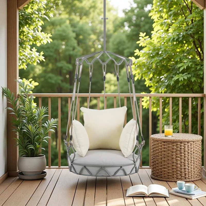 Iron Frame Hanging Basket Chair with Includes 8 UV-Resistant Cushion, 300lb Capacity