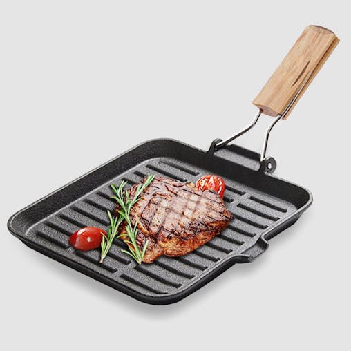 SOGA Cast Iron Ribbed Square Steak Grill Pan Wooden Handle 24cm