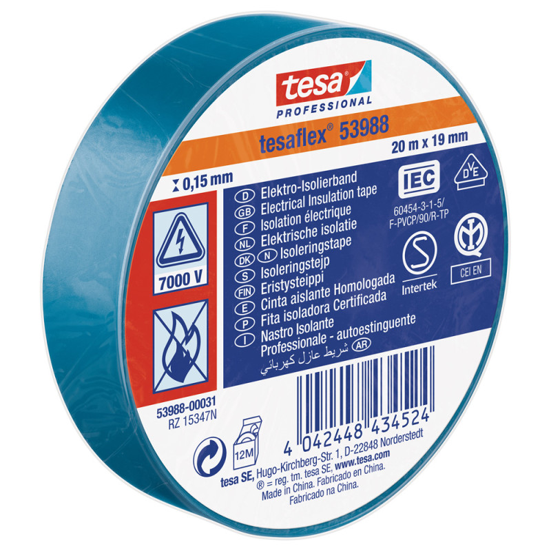 Ruban d'isolation électrique bleu 19 mm x 20 m TESA